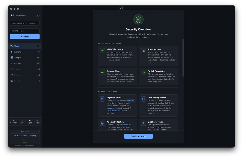 J2G — Security Overview: Your Data Is Protected & Your GitLab Is Safe (RAM-Only Storage, Token Security, Clean on Close, Migration Safety, Pipeline Protection, Certificate Pinning)
