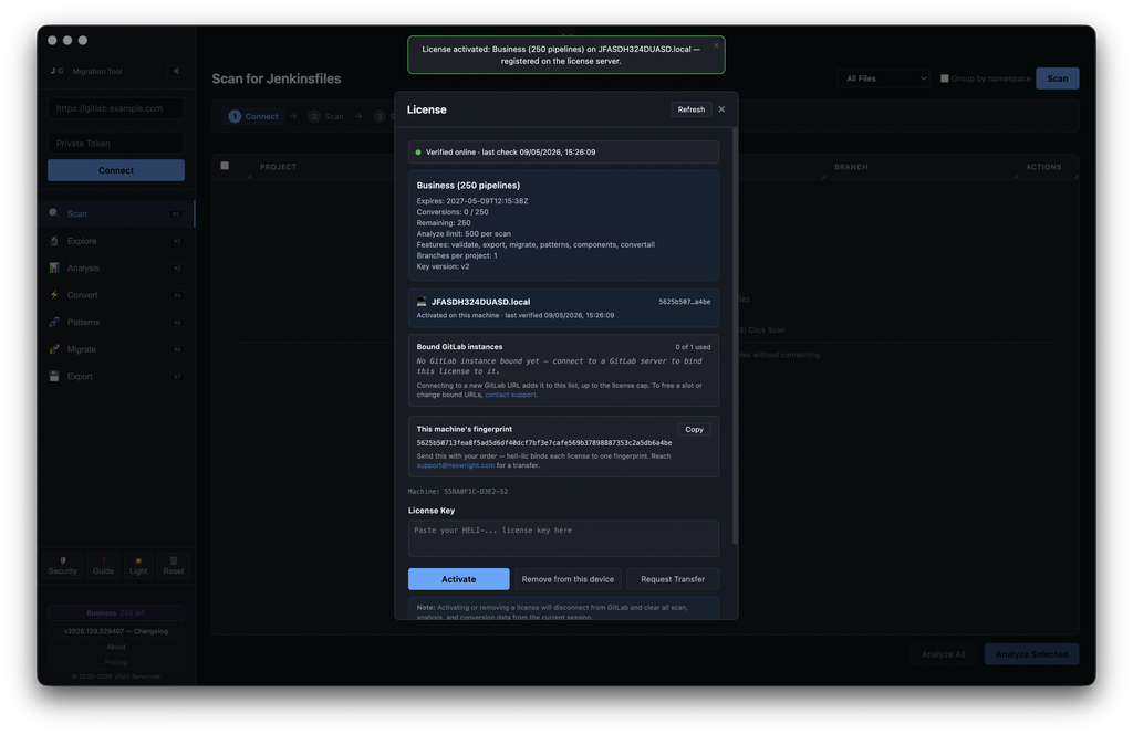 J2G — License modal: Business tier (250 pipelines) activated, machine fingerprint, License Key field, Activate / Remove from this device / Request Transfer