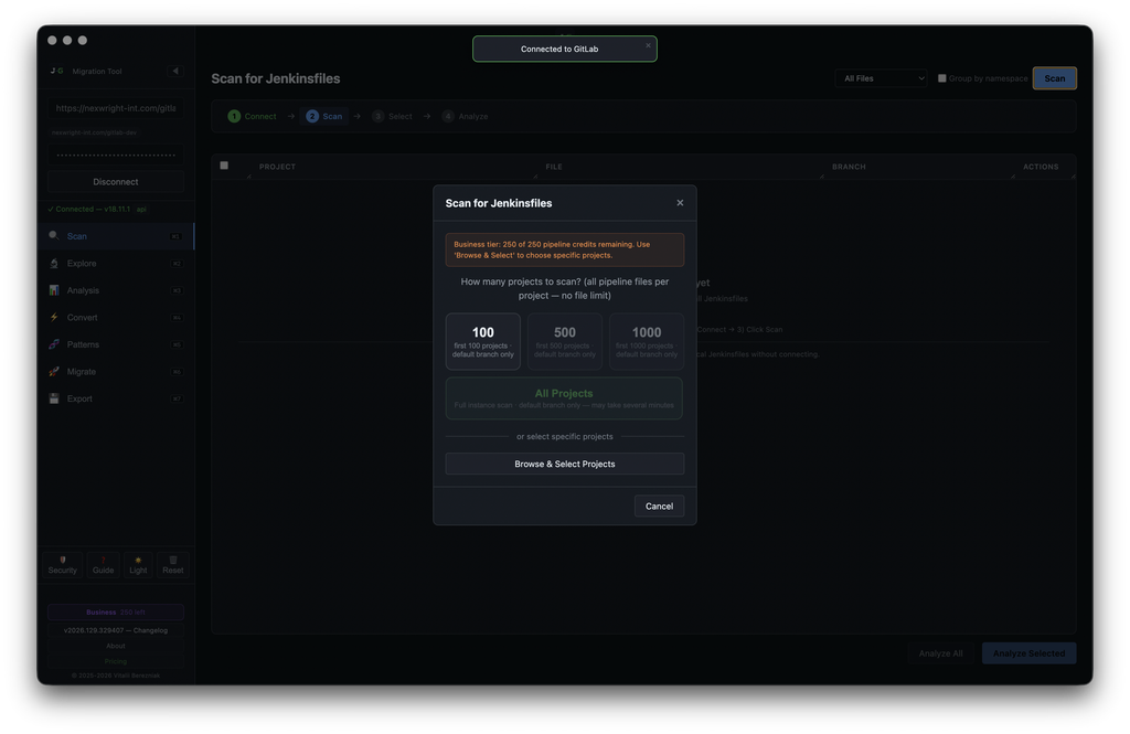 J2G — Scan for Jenkinsfiles dialog: pipeline credit summary + 100 / 500 / 1000 / All Projects / Browse & Select Projects