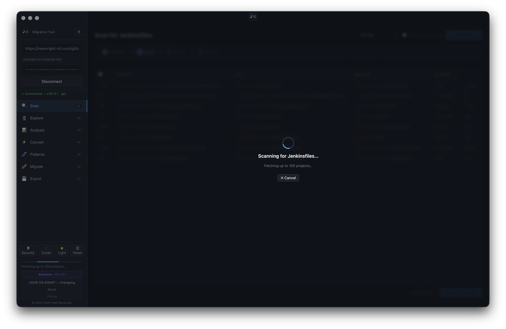 J2G — Scanning for Jenkinsfiles modal with progress spinner