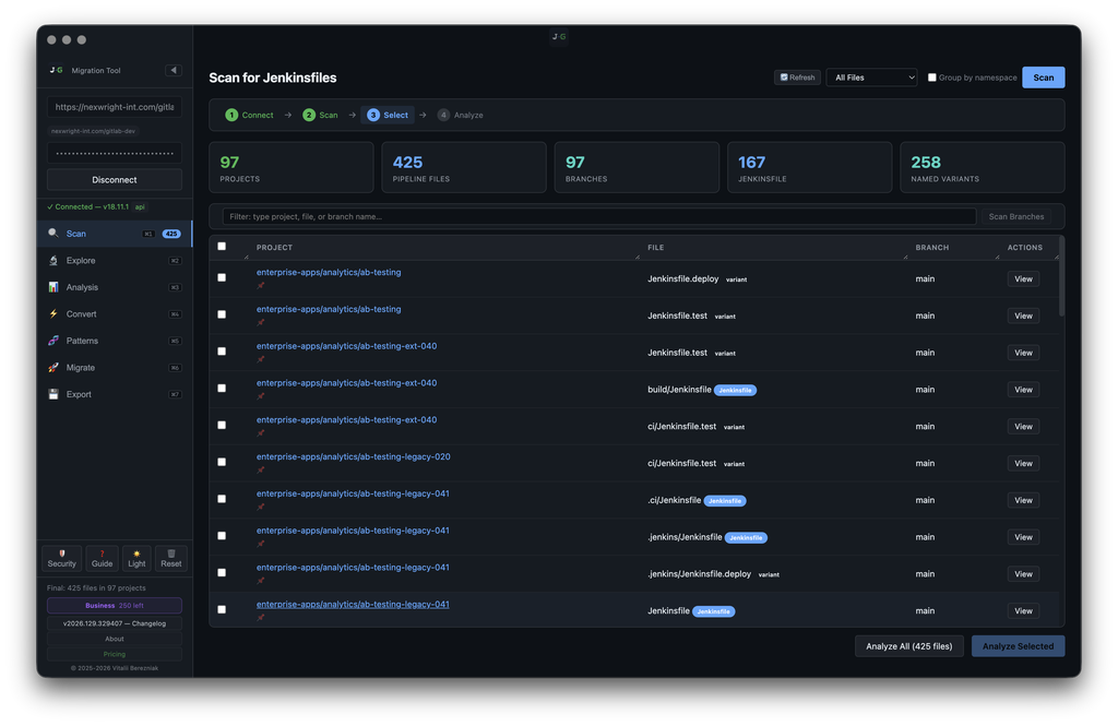 J2G — Scan complete: 97 projects / 425 pipeline files / 167 Jenkinsfiles + table of detected files with branches and actions