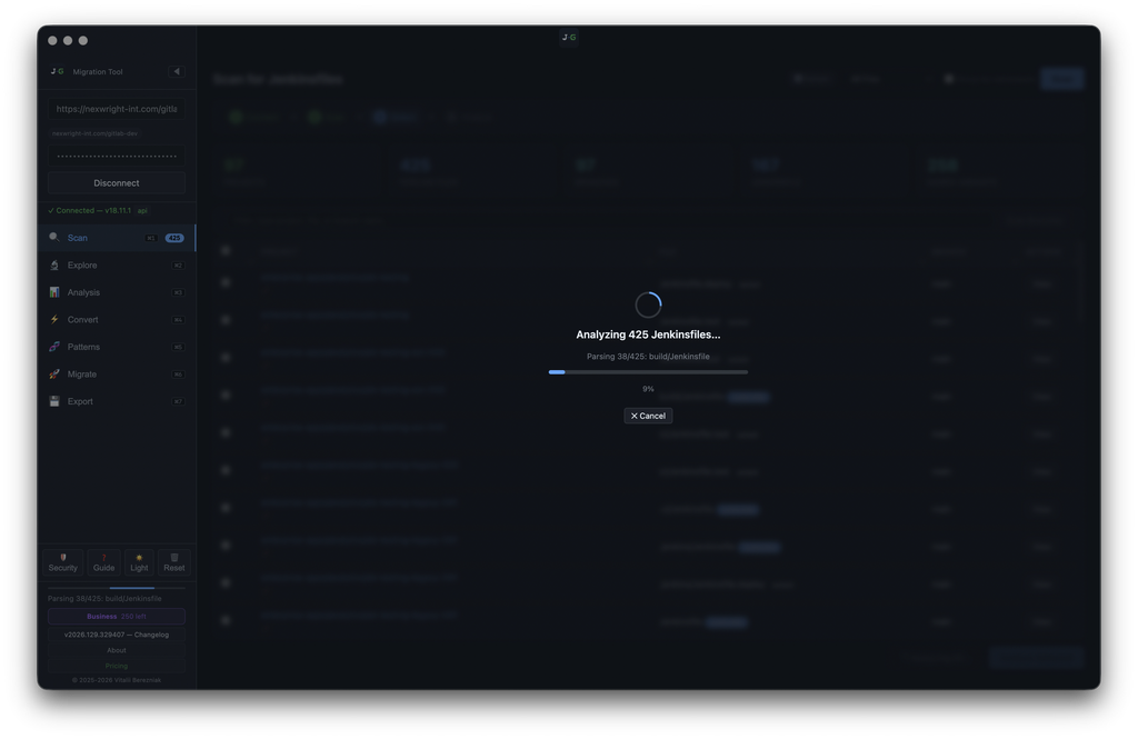 J2G — Analyzing 425 Jenkinsfiles modal with progress bar