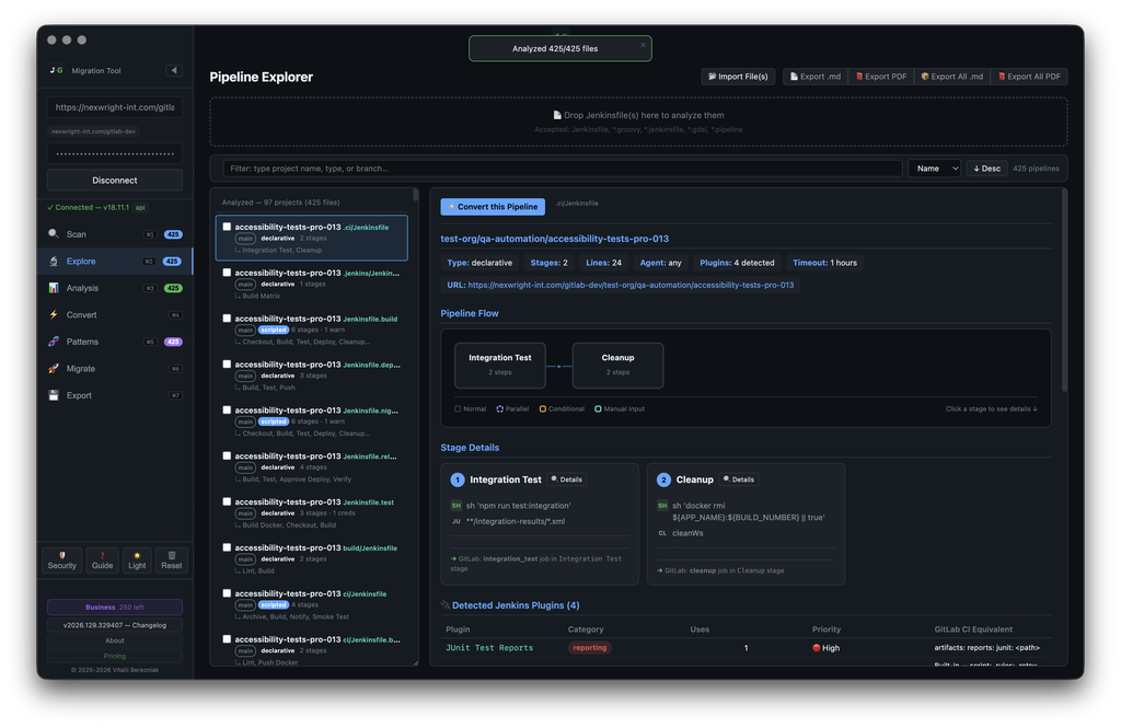 J2G — Pipeline Explorer: Pipeline Flow (Integration Test → Cleanup) + Stage Details + Detected Jenkins Plugins