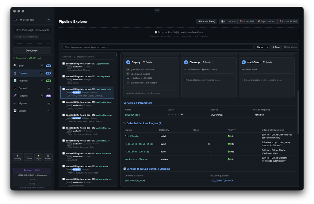 J2G — Pipeline Explorer: Variables & Parameters table + Detected Jenkins Plugins + Jenkins-to-GitLab variable mapping