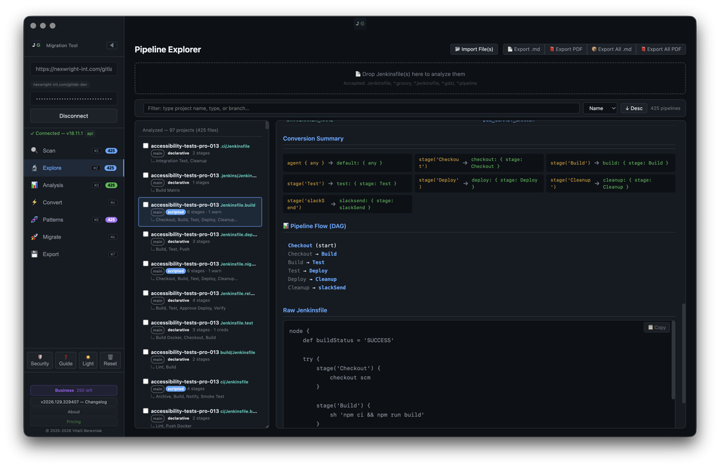 J2G — Pipeline Explorer: Conversion Summary + Pipeline Flow DAG + Raw Jenkinsfile preview