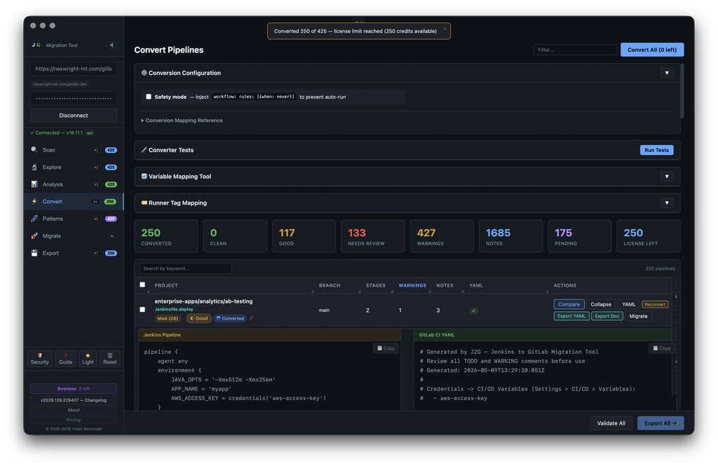 J2G — Convert Pipelines: Conversion Configuration / Mapping Reference / Converter Tests / Variable Mapping + Runner Tag Mapping + status counters + side-by-side preview