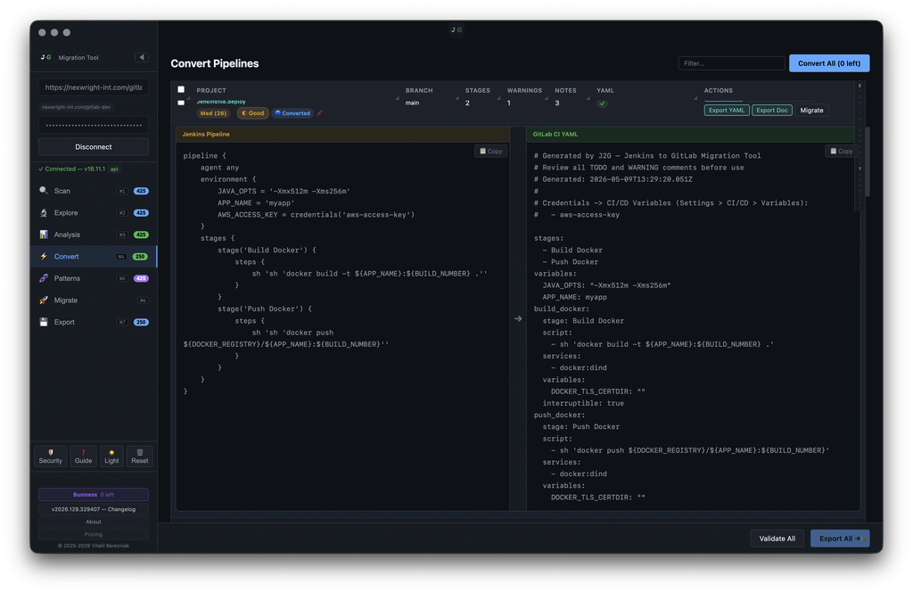 J2G — Convert Pipelines: full Jenkins ↔ GitLab CI YAML side-by-side diff