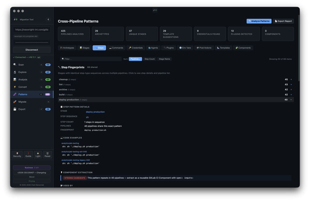 J2G — Cross-Pipeline Patterns: Step Fingerprints (cleanup, lint, build, deploy production) with step details and code examples