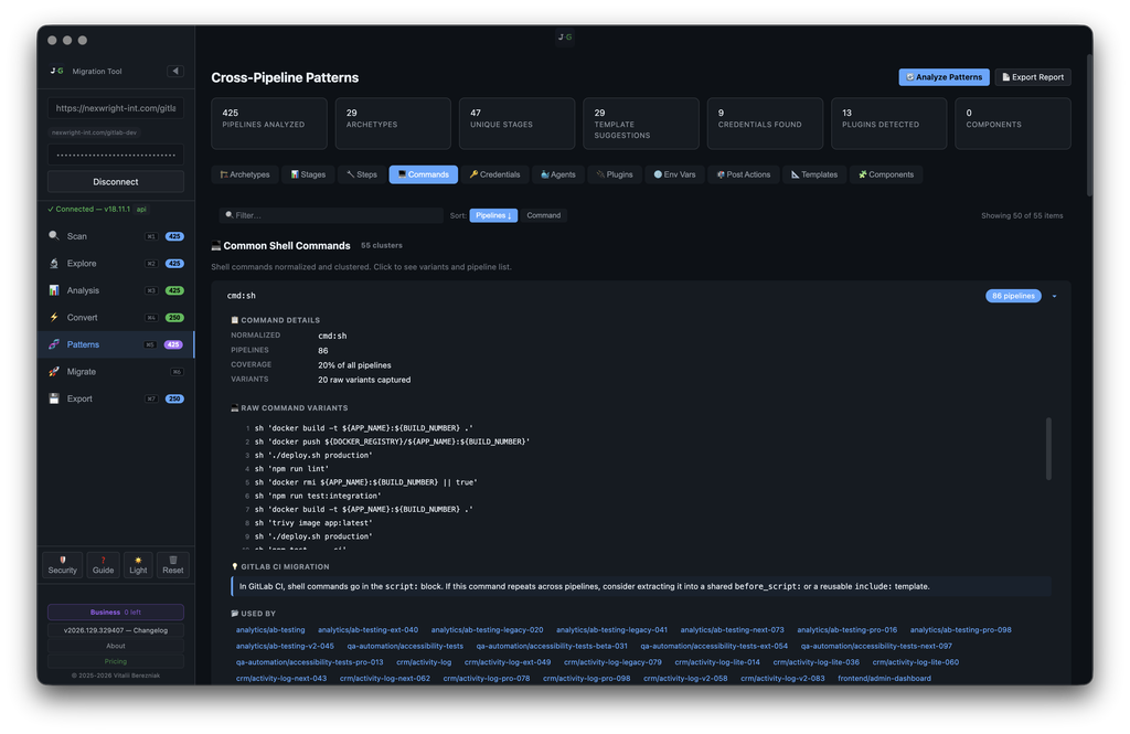 J2G — Cross-Pipeline Patterns: Common Shell Commands with raw command variants and GitLab CI migration notes
