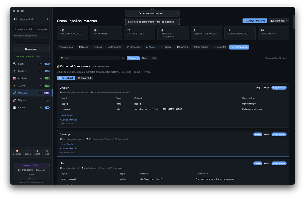 J2G — Cross-Pipeline Patterns: Components — extracted components list (Cmd:sh / Cleanup / Lint) with inputs, types, defaults and descriptions