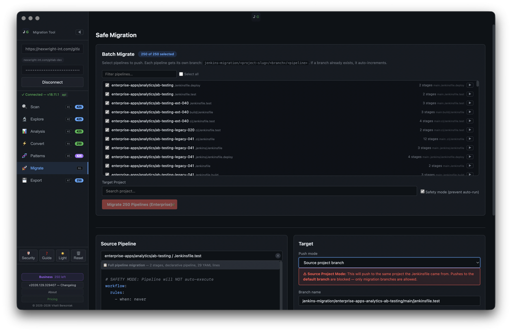 J2G — Safe Migration: Batch Migrate — pipeline checklist + Source Pipeline + Target with Push Mode