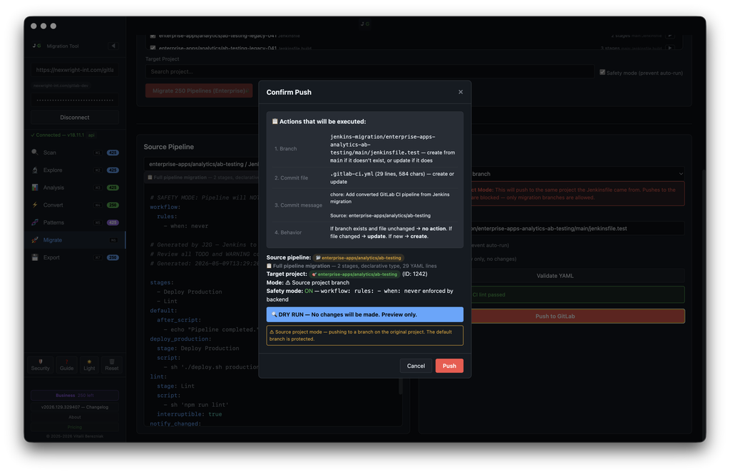 J2G — Safe Migration: Confirm Push modal — actions to be executed (branch, source file, content message, behaviour with conflict)