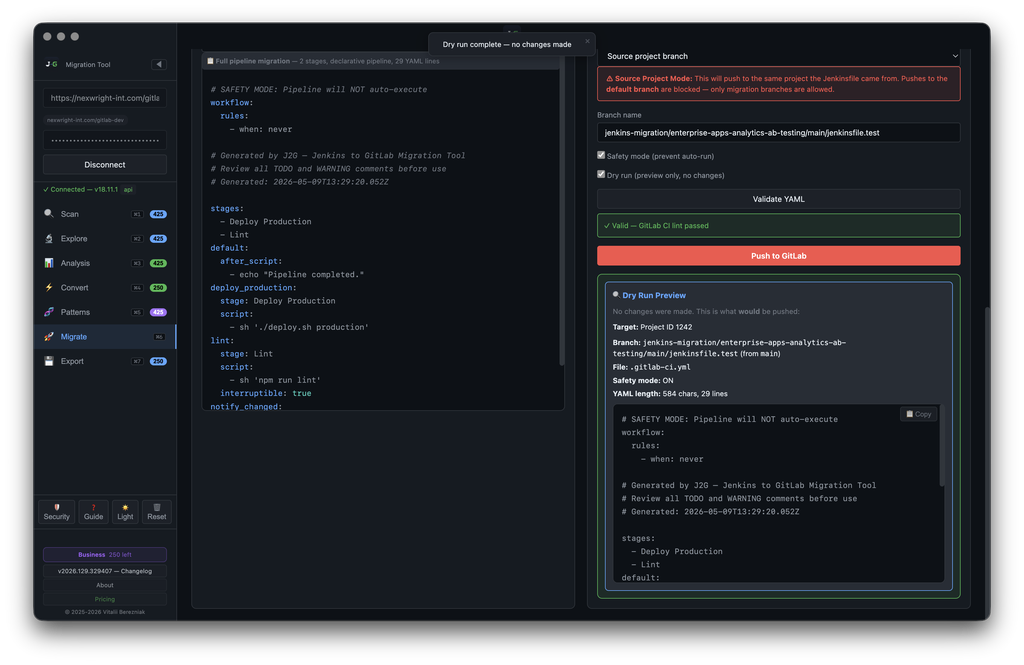 J2G — Safe Migration: Dry Run preview after push — YAML preview + Push to GitLab button