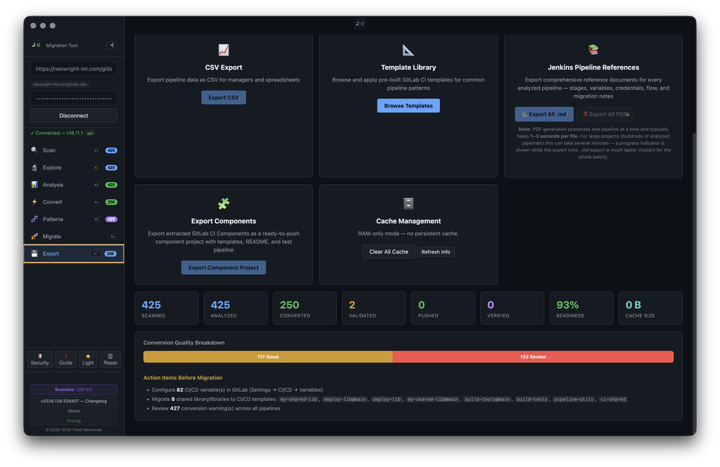 J2G — Export & Report: bottom section — export options + summary metrics + Action Items Before Migration